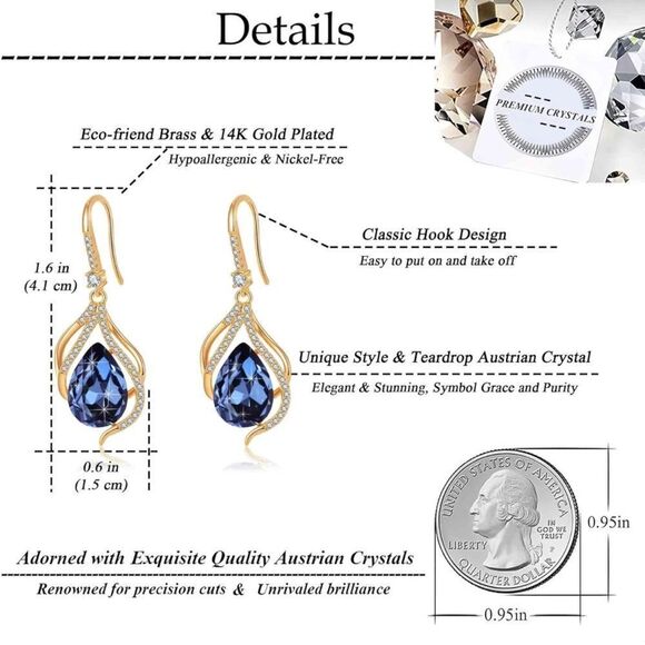 14K Yellow Gold and London Blue Topaz Austrian Crystal Twisted Teardrop Earrings - Picture 6 of 6